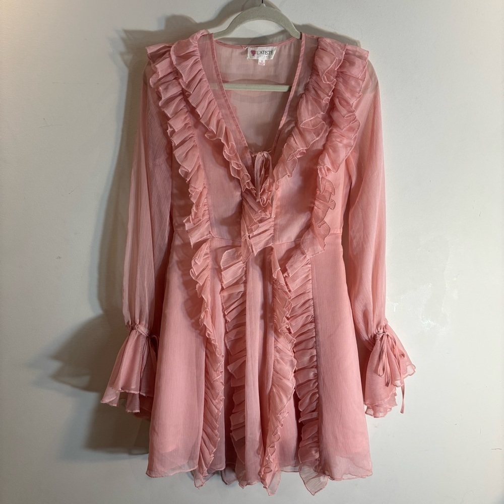 L'ATISTE Sz S Blush Pink Sheer Dress with Ruffles And Balloon Sleeves Lined Ties